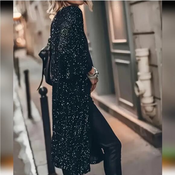 Anthropologie x BB Dakota sequin duster open cardigan black size small - Picture 1 of 12